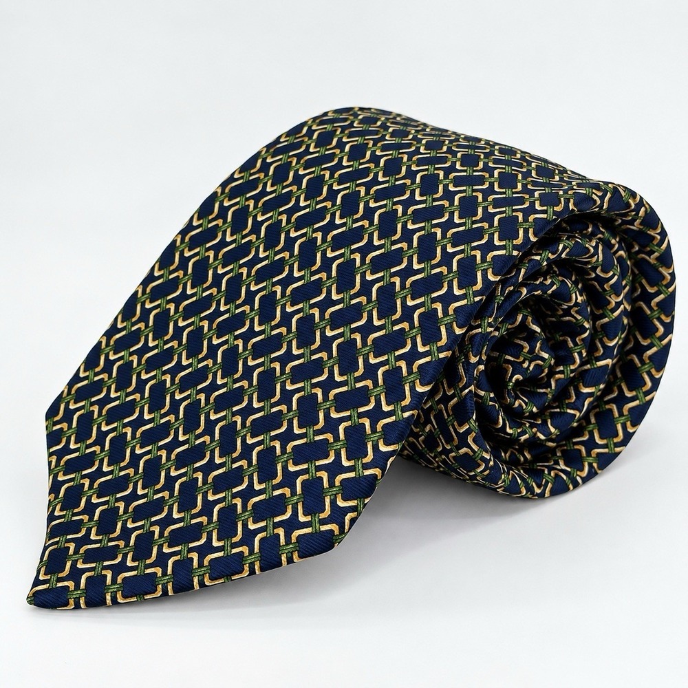 VTG Brooks Brothers Makers Mens Silk Tie Navy Green Gold Geometric USA Italy